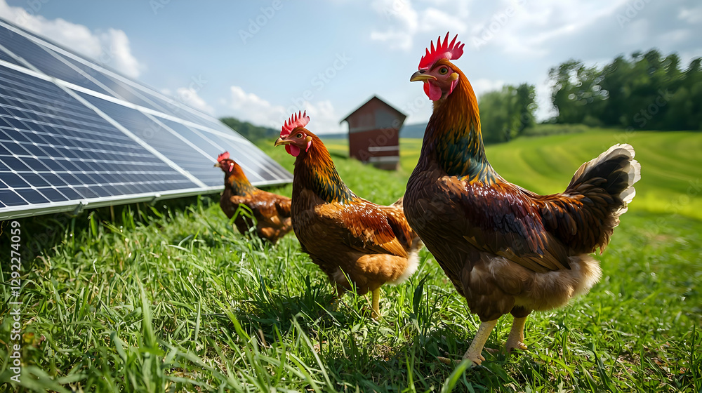 Fototapeta premium Chickens under solar panels on farm