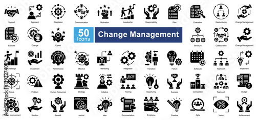 A set of 50 change management icons representing leadership, teamwork, strategy, adaptation, and growth. Perfect for business, corporate training, and organizational development projects.