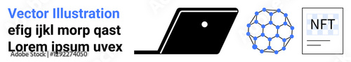 Laptop silhouette, blockchain network diagram, and NFT document icon. Ideal for technology, innovation, blockchain, digital economy, NFTs future trends connectivity. Abstract line flat metaphor