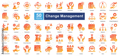 A set of 50 change management icons representing leadership, teamwork, strategy, adaptation, and growth. Perfect for business, corporate training, and organizational development projects.