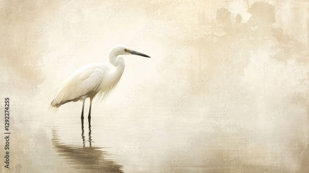 Naklejka premium A graceful egret gazing over still waters, atmospheric mist, balanced minimalism