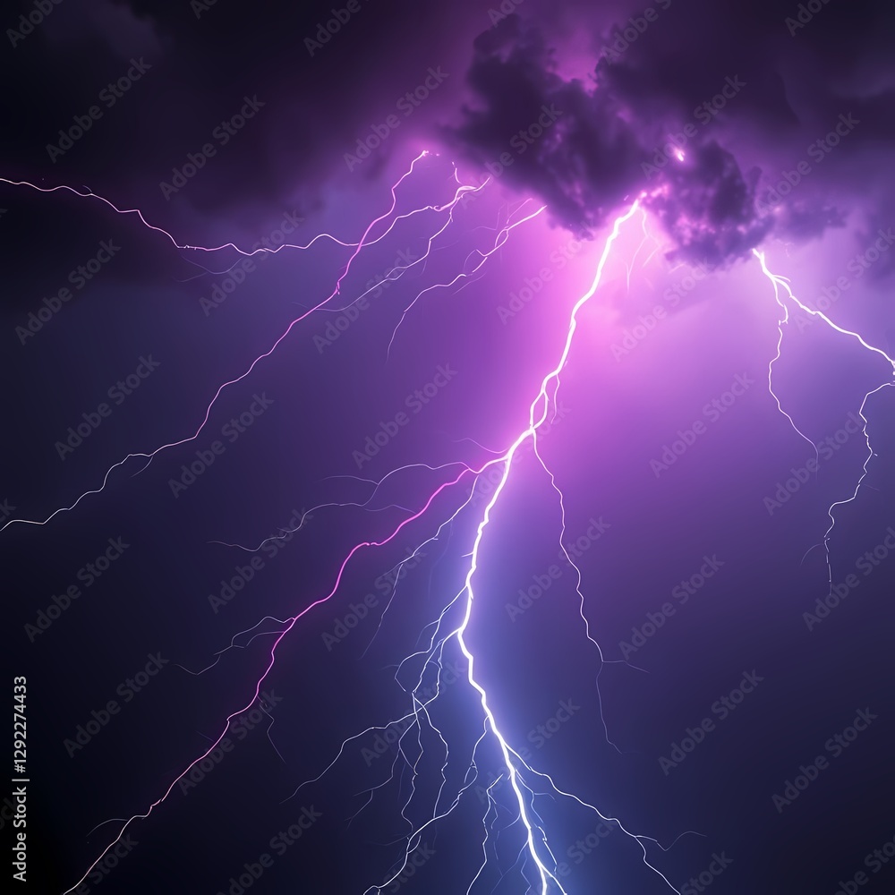 Fototapeta premium Bright lightning bolt piercing purple storm clouds in dark night sky