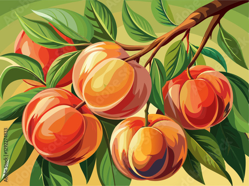 vector of  beautiful ripe peaches on a branch. Selective focus