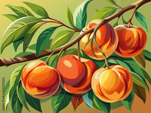 vector of  beautiful ripe peaches on a branch. Selective focus