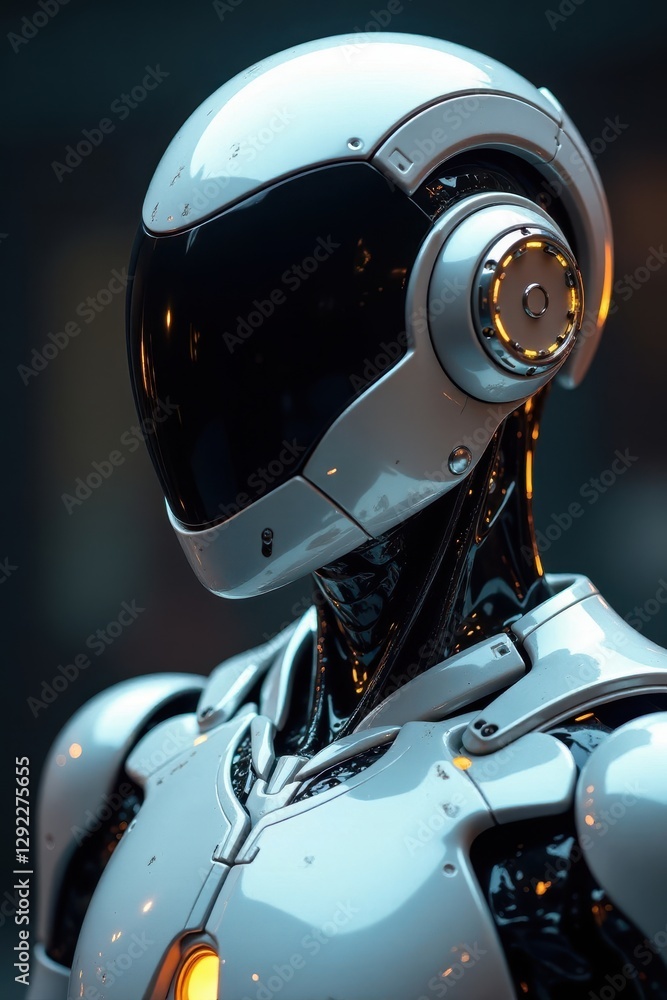 Gleaming silver robot, black helmet detail, sharp focus, chrome, sci-fi Gleaming silver robot, black helmet detail, sharp focus, chrome, sci-fi