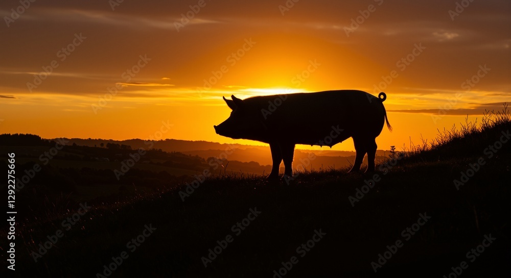 Silhouette of a pig against a vibrant sunset, casting a serene mood, standing on a hilltop overlooking a tranquil landscape Silhouette of a pig against a vibrant sunset, casting a serene mood, standing on a hilltop overlooking a tranquil landscape