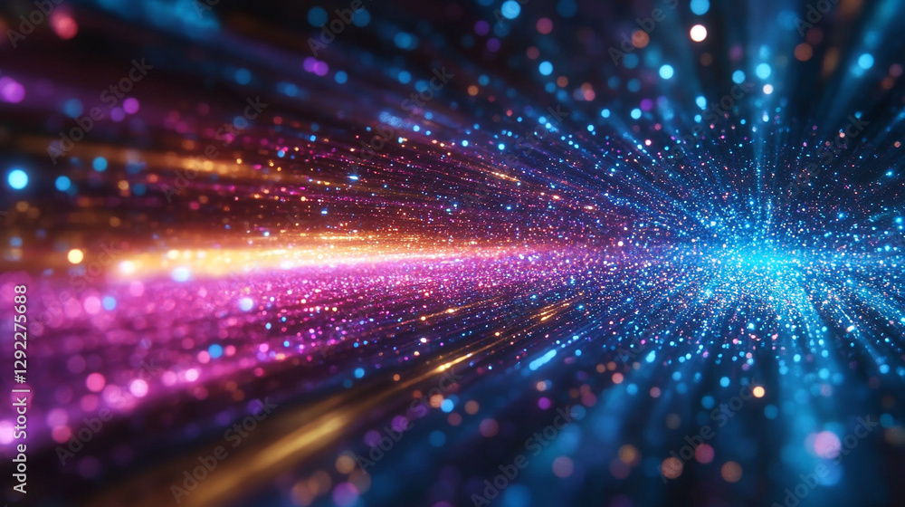 Naklejka premium A dynamic blend of blue, red, yellow, and purple light streaks, set against a sparkling starfield, symbolizing high-speed space travel or hyperspace in a modern, futuristic context