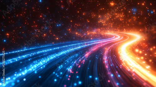 A dynamic blend of blue, red, yellow, and purple light streaks, set against a sparkling starfield, symbolizing high-speed space travel or hyperspace in a modern, futuristic context
