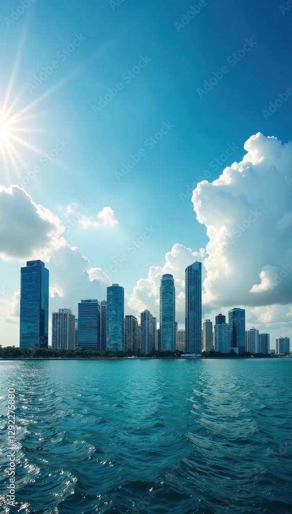 Fototapeta premium Miami skyline panorama, sunlit skyscrapers pierce blue sky with fluffy clouds , ocean, construction, buildings