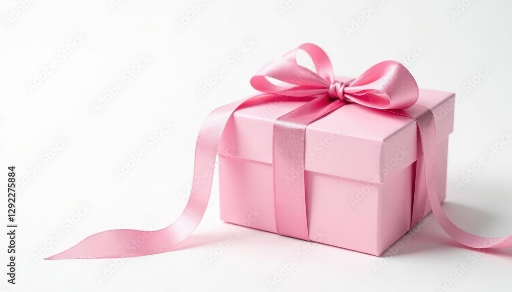 Fototapeta premium Open pink gift box with delicate ribbon bow, isolated on white , present, backdrop, ribbon