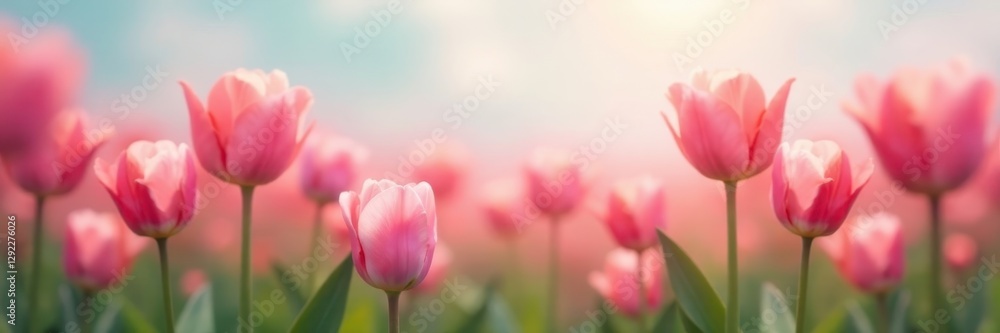 Fototapeta premium Soft focus, pastel tulip field blends into dreamy abstract art; springtime serenity, graphics, illustration, romantic