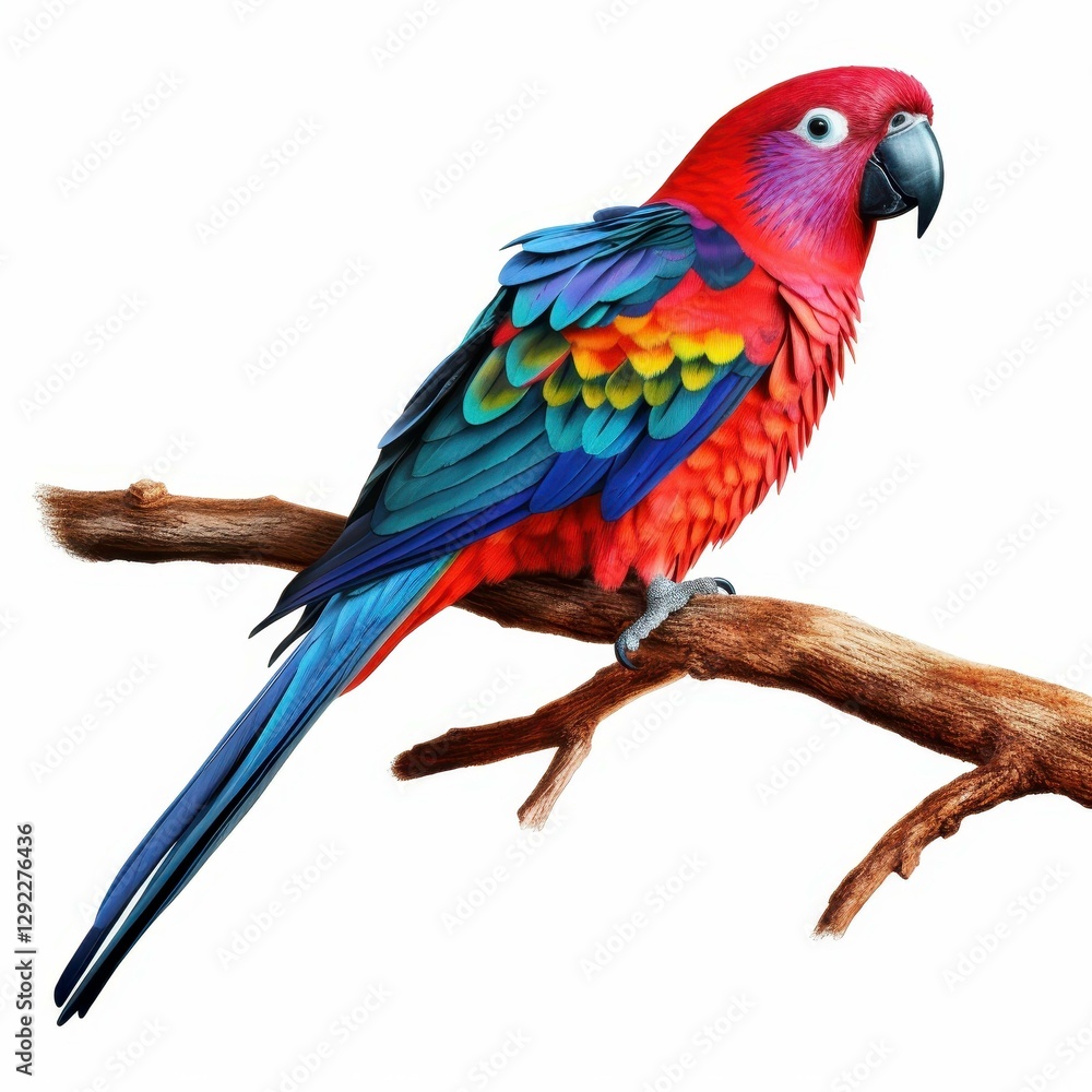 Fototapeta premium A vibrant parrot sits on a branch, showcasing bright colors against a clean white backdrop for a striking visual.