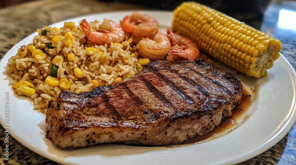 Grilled chicken breast with roasted corn and ribeye steak served with shrimp fried rice at home. Grilled chicken breast with roasted corn and ribeye steak served with shrimp fried rice at home.