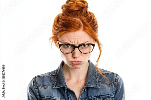 On a pure white backdrop, this skeptical and nervous redhead woman wears a striped t-shirt and denim jeans paired with glasses, has a crossed-armed stance, and exhibits a disapproving expression photo