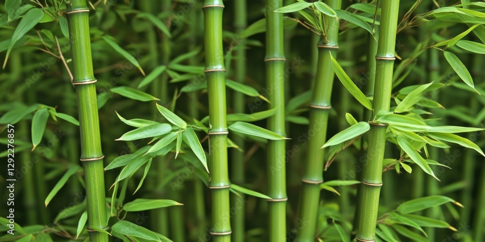 Obraz premium Green bamboo stalks with leaves, growing in a forest