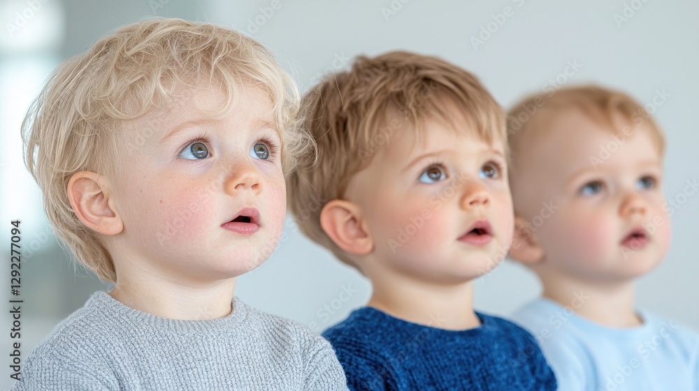 Three toddlers looking up, indoor setting, family portrait Three toddlers looking up, indoor setting, family portrait
