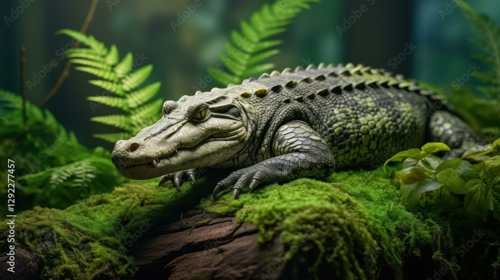 A fierce crocodile lurks in the misty wild, blending seamlessly with the natural backdrop of dense greenery and shadows. A fierce crocodile lurks in the misty wild, blending seamlessly with the natural backdrop of dense greenery and shadows.