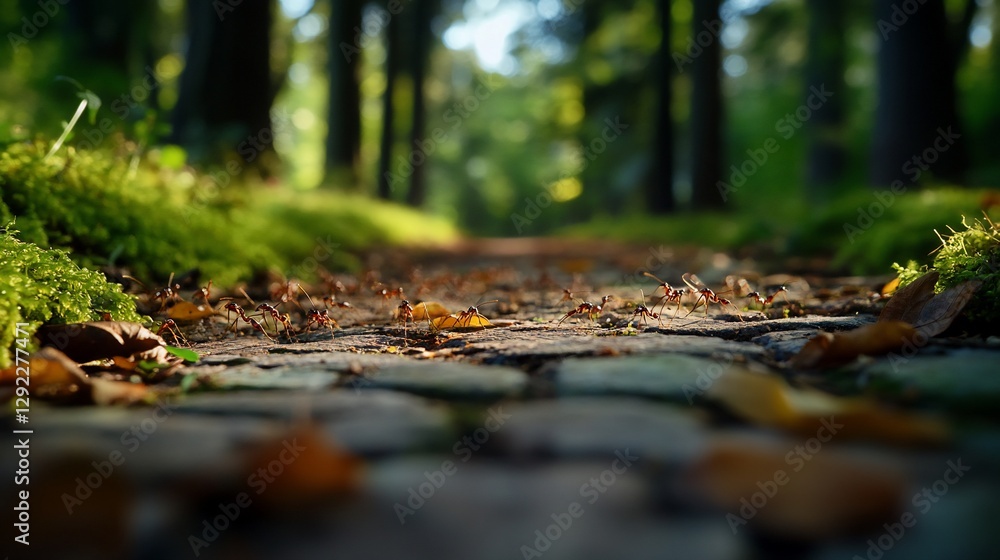 Ants marching on forest path, sunlight, autumn leaves Ants marching on forest path, sunlight, autumn leaves
