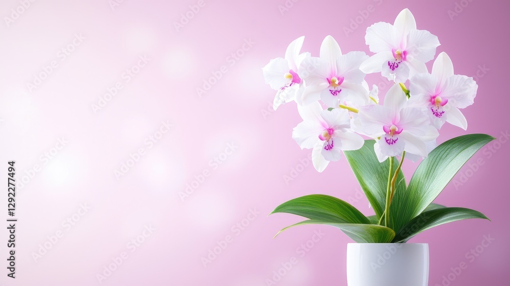 Fototapeta premium White orchids in pot, pink background, floral serenity, greeting card