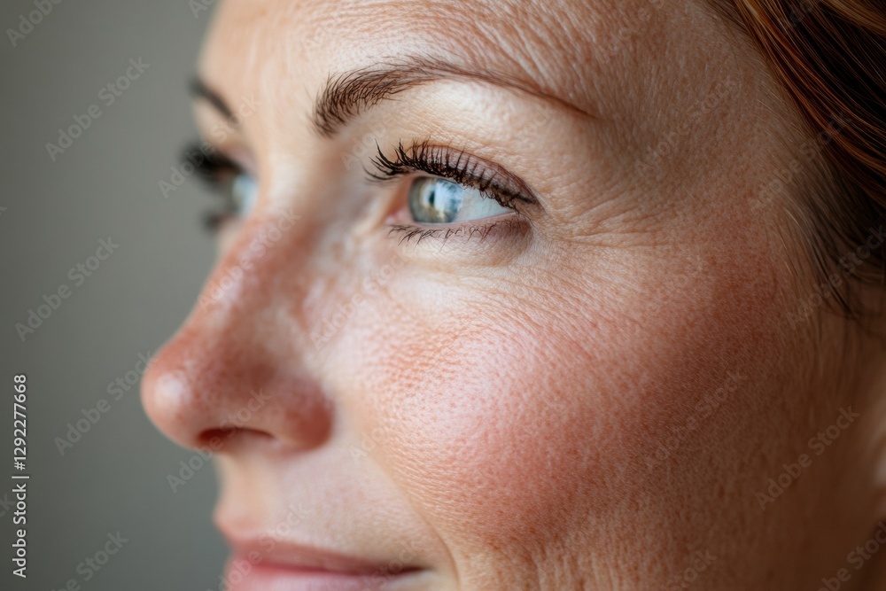 Close up view of womans face showing contrasting skin features highlighting anti aging treatment effects. Generative AI Close up view of womans face showing contrasting skin features highlighting anti aging treatment effects. Generative AI
