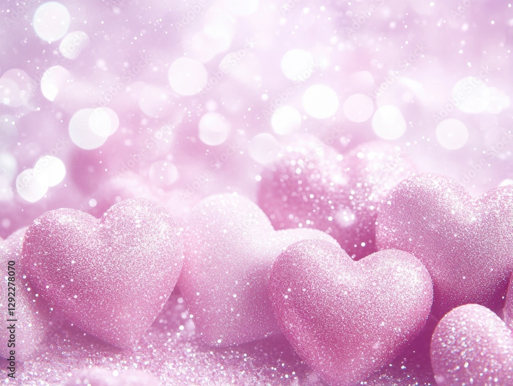 Fototapeta premium Soft pink glitter hearts over a blurry background.