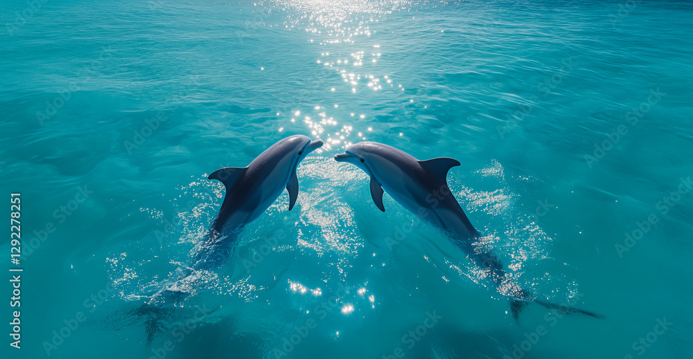 Naklejka premium Two dolphins swim together, leaping and splashing in the clear blue ocean. Sunlight reflects off the water, creating sparkles around them. Their joyful movements convey a sense of freedom and play