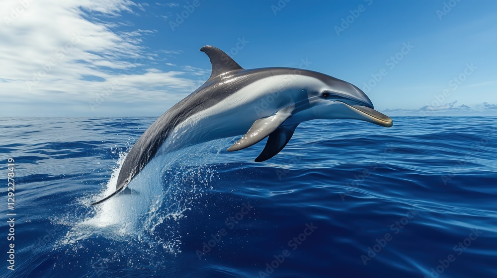 Fototapeta premium A lone dolphin leaps gracefully from the deep blue ocean, creating splashes as it breaks the surface. The clear sky provides a perfect backdrop, showcasing its playful nature