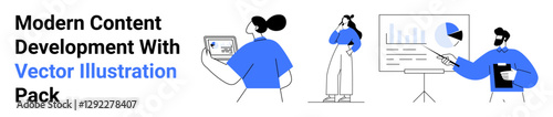 Team creating, analyzing data on device, planning strategies, and presenting results with charts and graphs. Ideal for education, business, teamwork, management, productivity collaboration flat