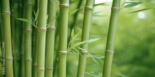 Tall green bamboo stalks, closeup with green leaves in background, growing outdoors, organic and natural, suitable for microstock imagery