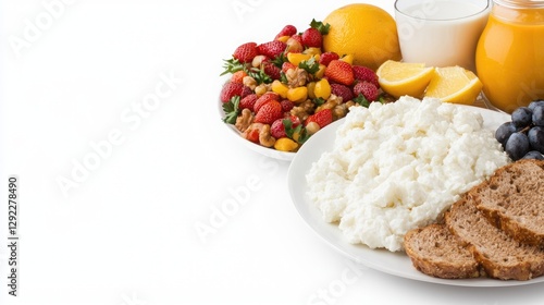 Healthy breakfast platter with fruit, yogurt, and bread. Ideal for diet or health conscious people photo