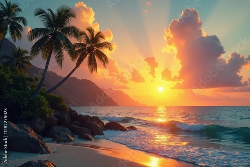 Serene sunrise paints calm tropical ocean gold , dawn, nature, calm