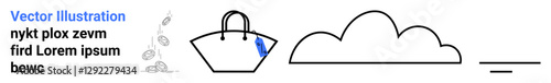 Bag with blue tag, outline cloud, sprouting plants, and a straight line. Ideal for e-commerce, fashion, minimalism, sustainability, nature shopping apps flat landing page banner