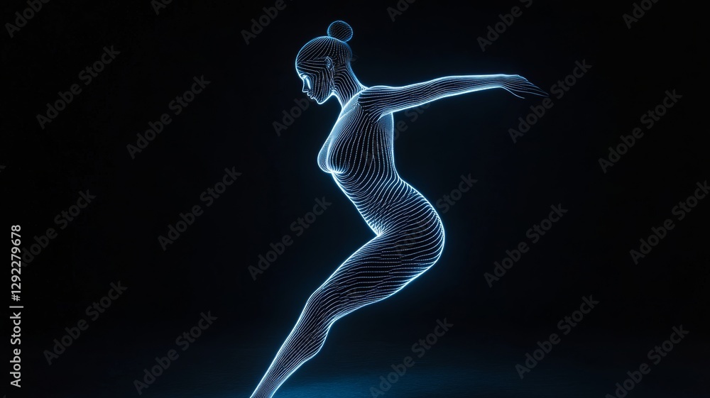 Abstract glowing figure with contoured lines against a dark background, ballerina pose. Abstract glowing figure with contoured lines against a dark background, ballerina pose.