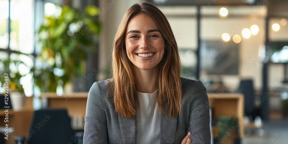 Fototapeta premium Young woman in a professional setting smiling.