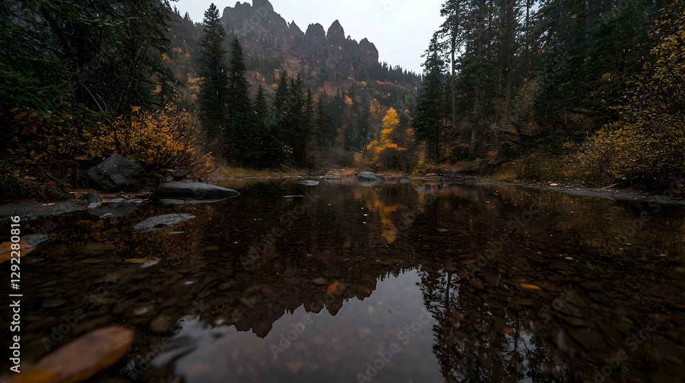 Obraz premium Autumnal mountain river reflection, misty forest