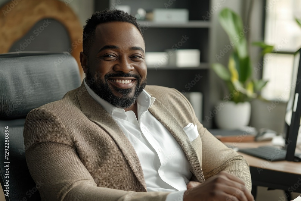 Man sitting at office desk smiling. Professional attire, modern workspace with plants, and computer equipment. Man sitting at office desk smiling. Professional attire, modern workspace with plants, and computer equipment.