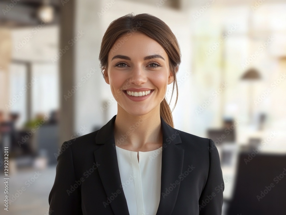 Confident professional businesswoman smiling at camera in modern office. Confident professional businesswoman smiling at camera in modern office.