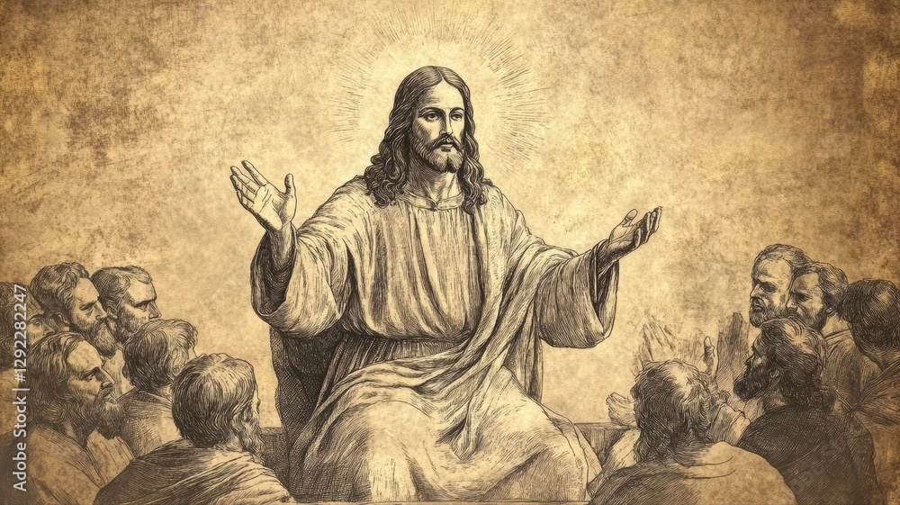 Fototapeta premium Jesus sits among his disciples, sharing wisdom and teachings about faith and love. The disciples listen intently, captivated by his profound message in a timeless setting