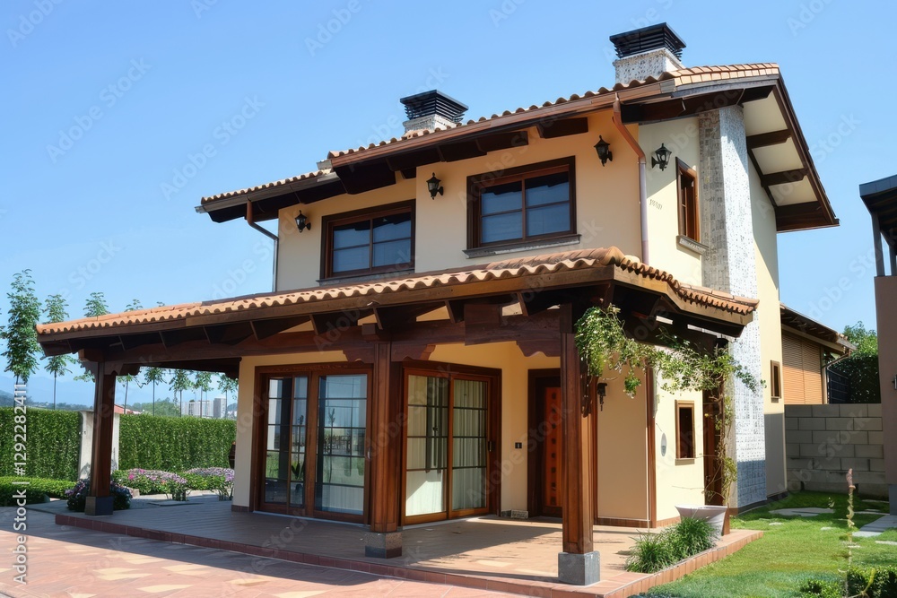 Modern two-story house with wooden accents and a manicured garden under a clear blue sky