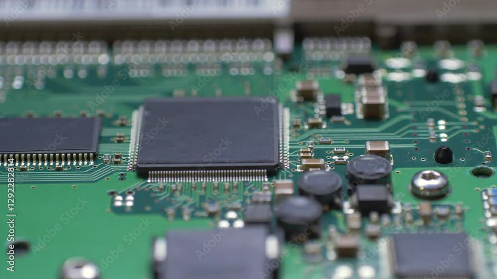 Green circuit board with chip, resistor and semiconductor. Computer hardware, industrial and electronic concept Green circuit board with chip, resistor and semiconductor. Computer hardware, industrial and electronic concept