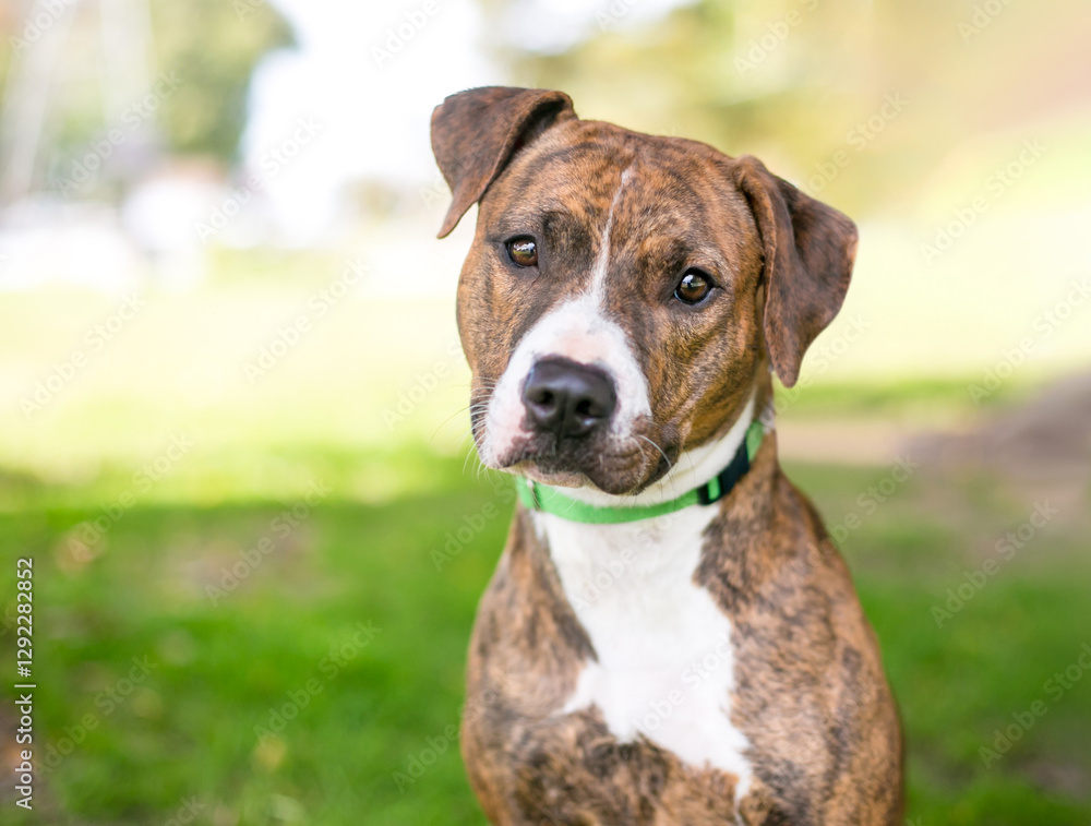 A brindle Pit Bull Terrier mixed breed dog with a head tilt A brindle Pit Bull Terrier mixed breed dog with a head tilt