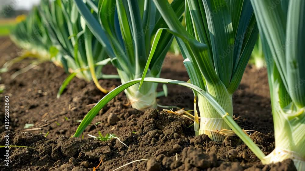Detailed close-up of fresh leeks thriving on a sunlit farm, a harvest in progress, Ai Generated Detailed close-up of fresh leeks thriving on a sunlit farm, a harvest in progress, Ai Generated