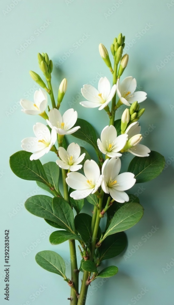 Obraz premium Fresh bunch of eucalyptus flowers with green stems and white blooms, fresh cut flowers, foliage