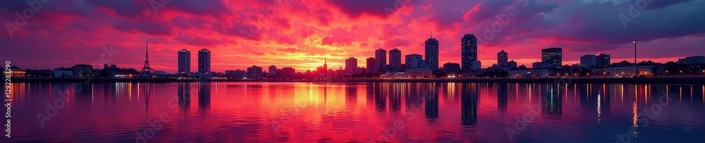 Naklejka premium Liverpool skyline sunset, vibrant city lights reflected in water, evening, architecture, scene