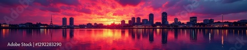 Liverpool skyline sunset, vibrant city lights reflected in water, evening, architecture, scene
