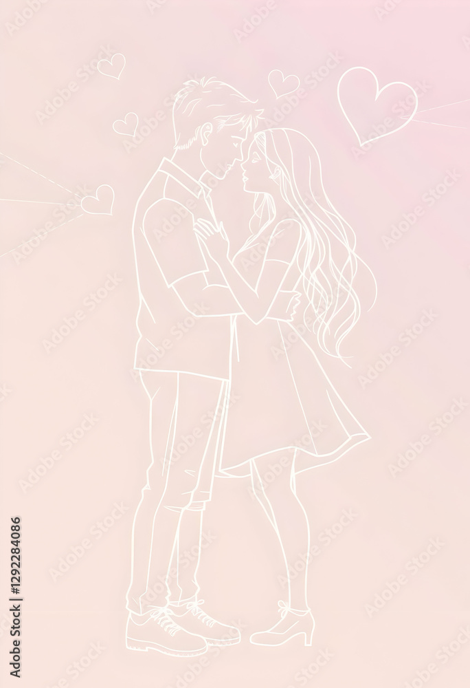 Couple Embracing with Hearts on Pink Gradient Background Illustration Couple Embracing with Hearts on Pink Gradient Background Illustration