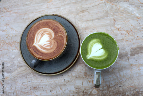 cappuccino and matcha latte art photo