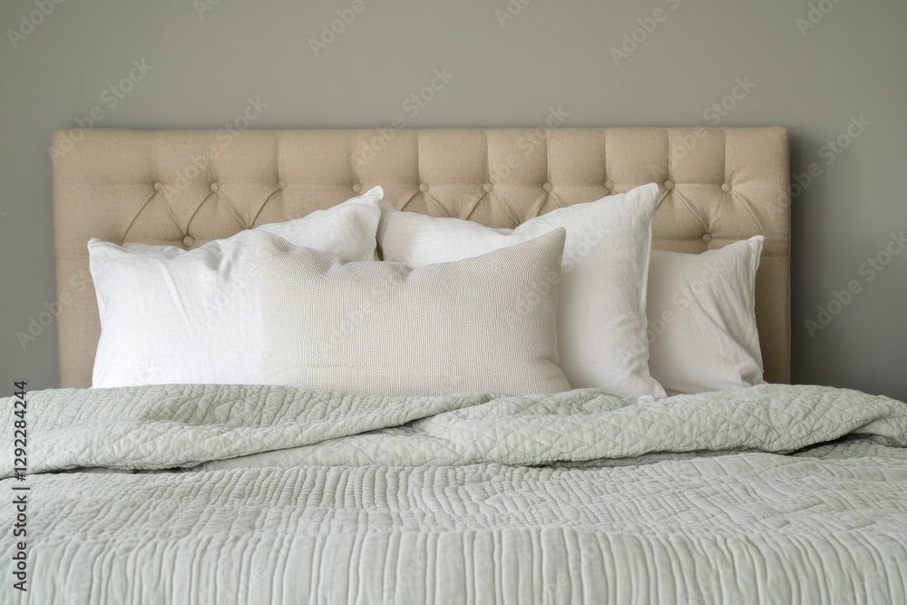 Soft bedding arrangement with neutral tones on a cozy bedroom bed setting featuring plush pillows and a textured throw blanket Soft bedding arrangement with neutral tones on a cozy bedroom bed setting featuring plush pillows and a textured throw blanket