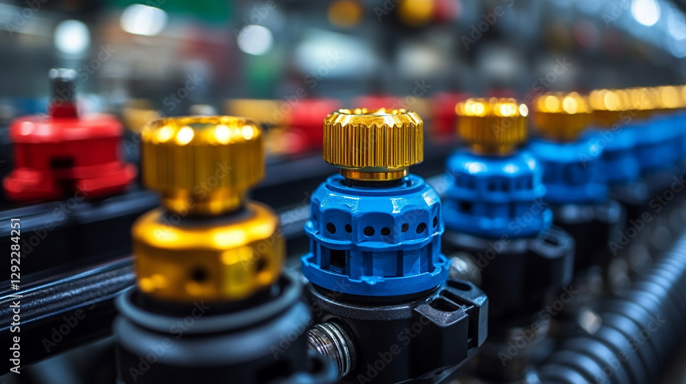 Obraz premium industrial pneumatic tools, showcasing precision, technology, and efficiency in a manufacturing setup with visible hoses and valves, highlighting advanced machinery in a modern, bright environment