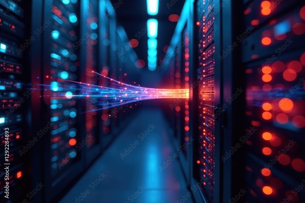 Fiber optic cables transferring data in a server room , telecom, information technology Fiber optic cables transferring data in a server room , telecom, information technology